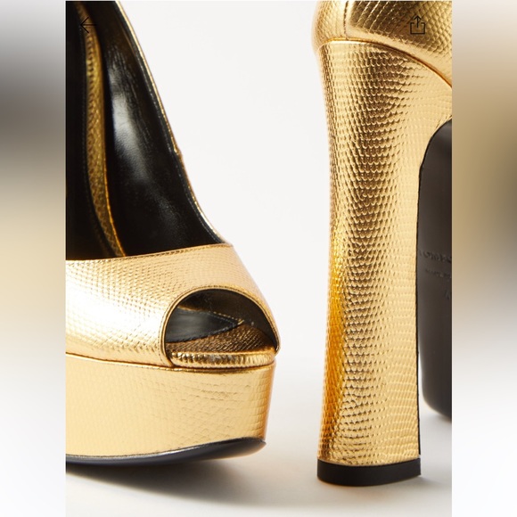 Tom Ford gold platform padlock 145 lizard-effect leather sandal heels - Picture 3 of 6